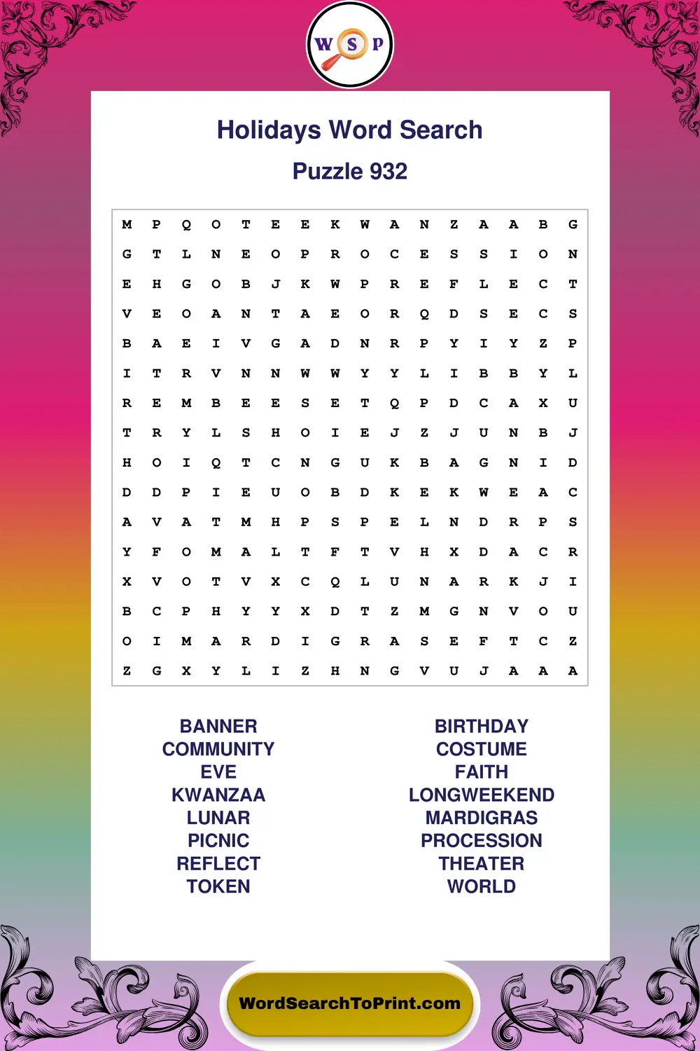 Holidays Word Search Puzzle 932