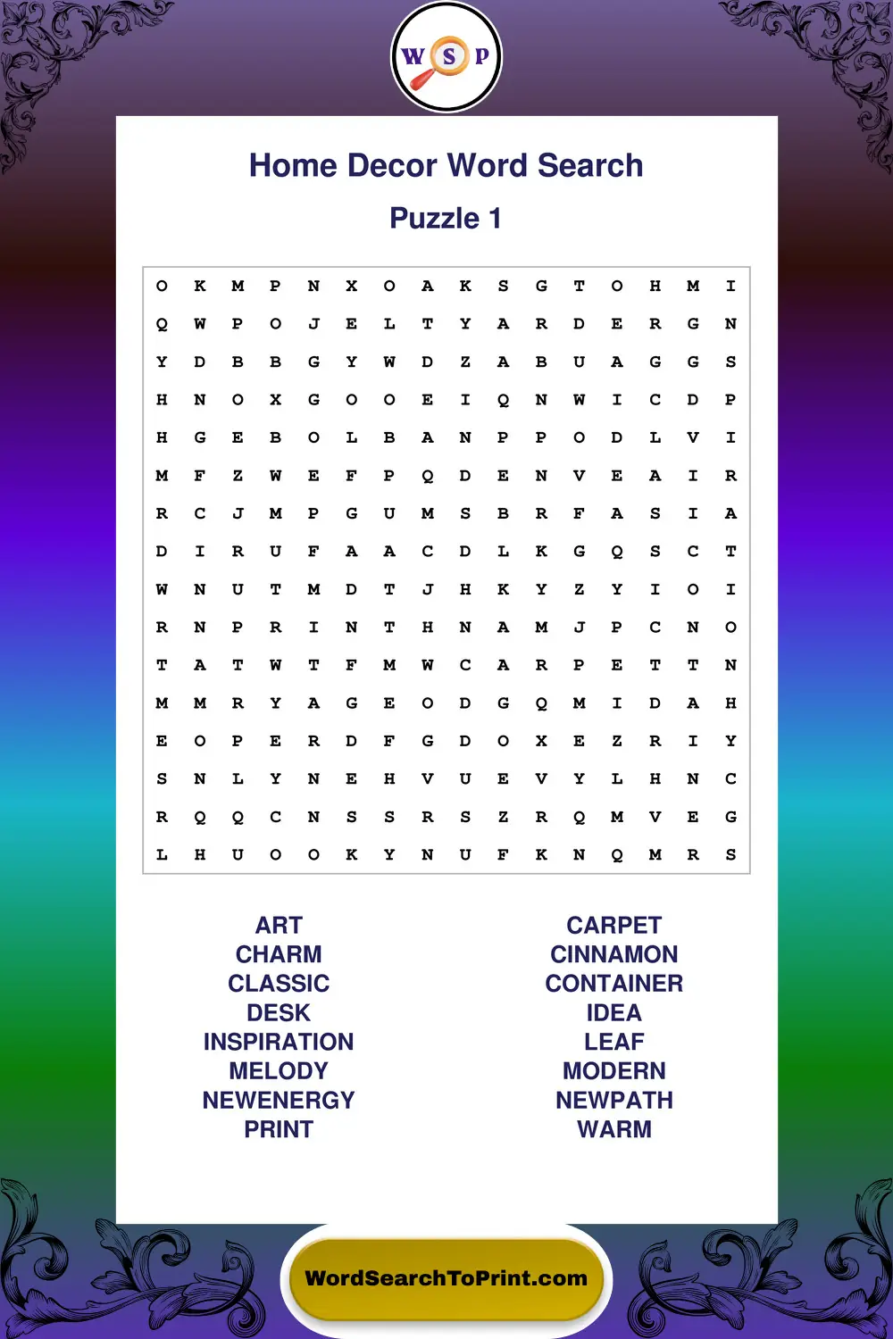 Home Decor Word Search Puzzle 1