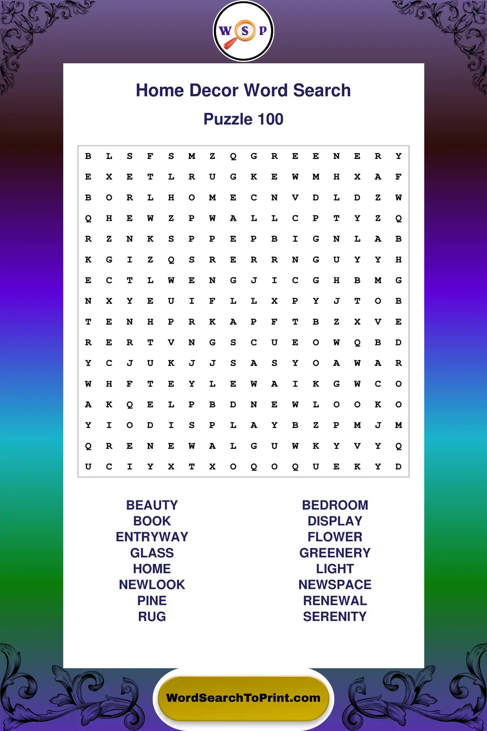 Home Decor Word Search Puzzle 100