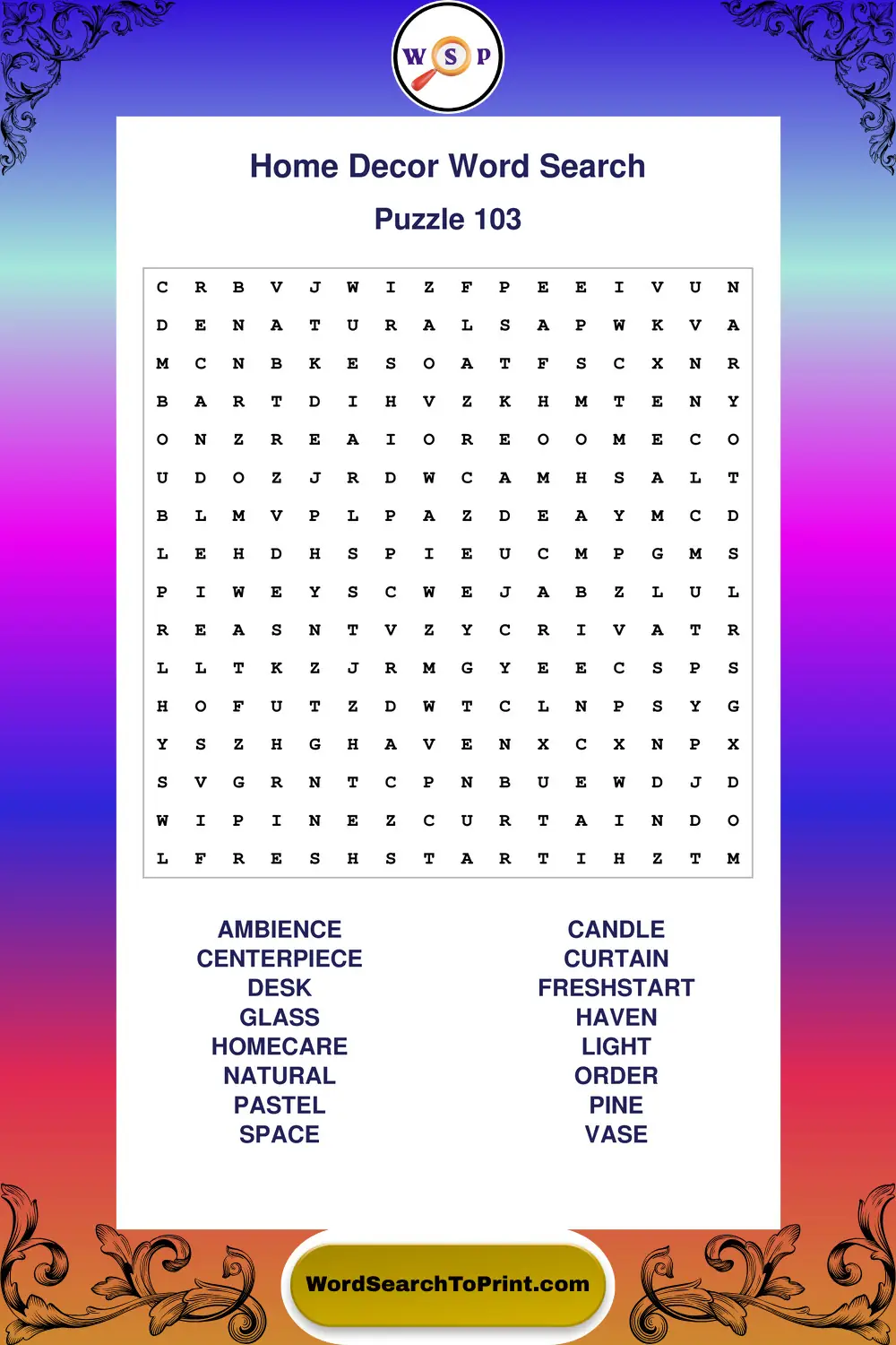 Home Decor Word Search Puzzle 103