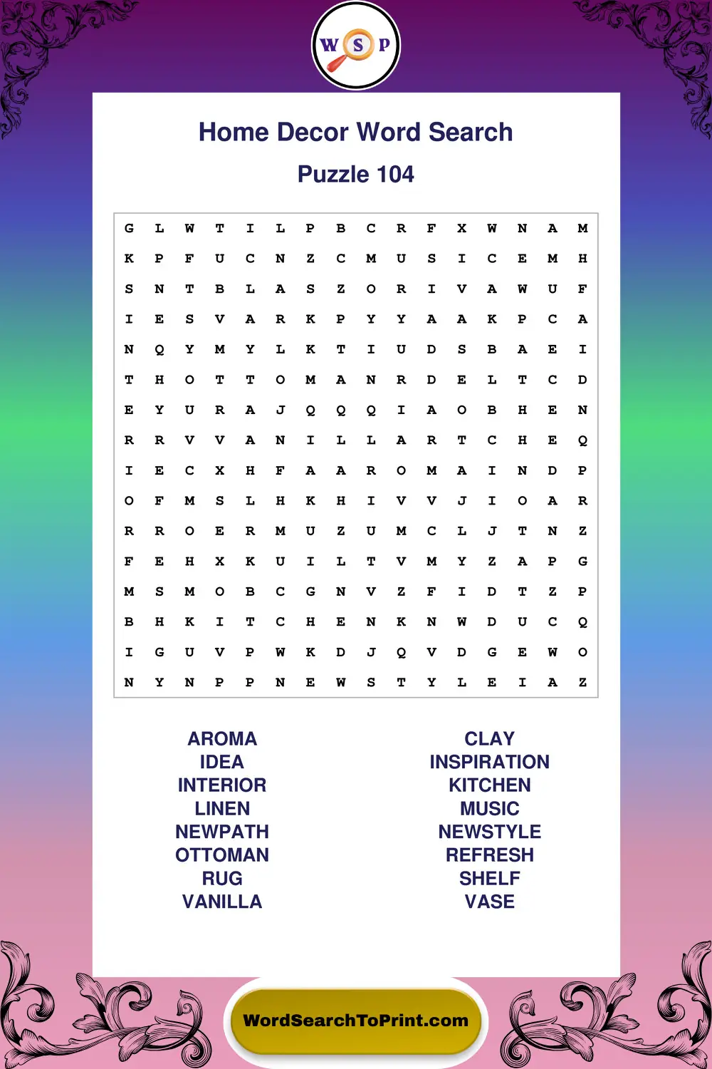 Home Decor Word Search Puzzle 104