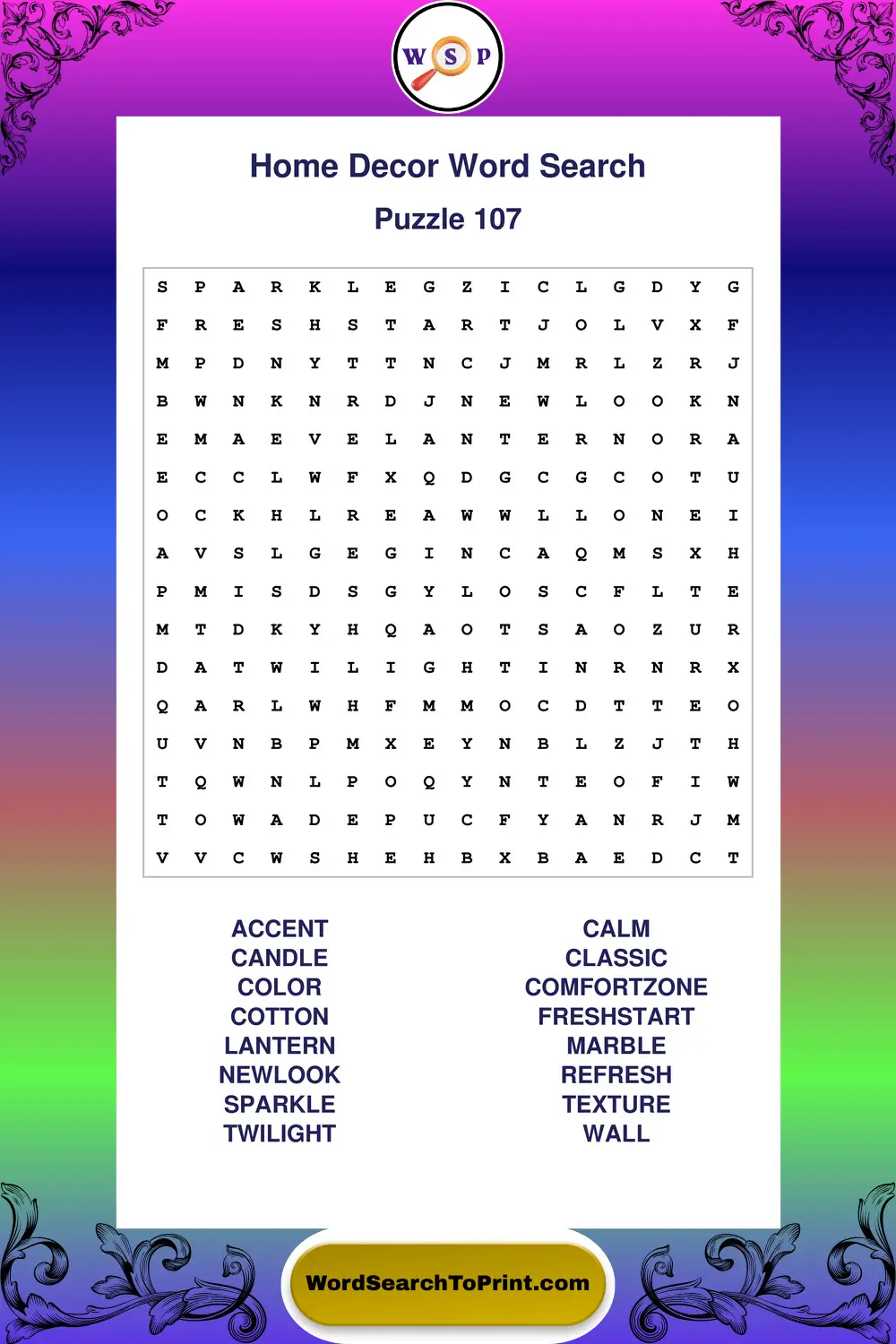 Home Decor Word Search Puzzle 107