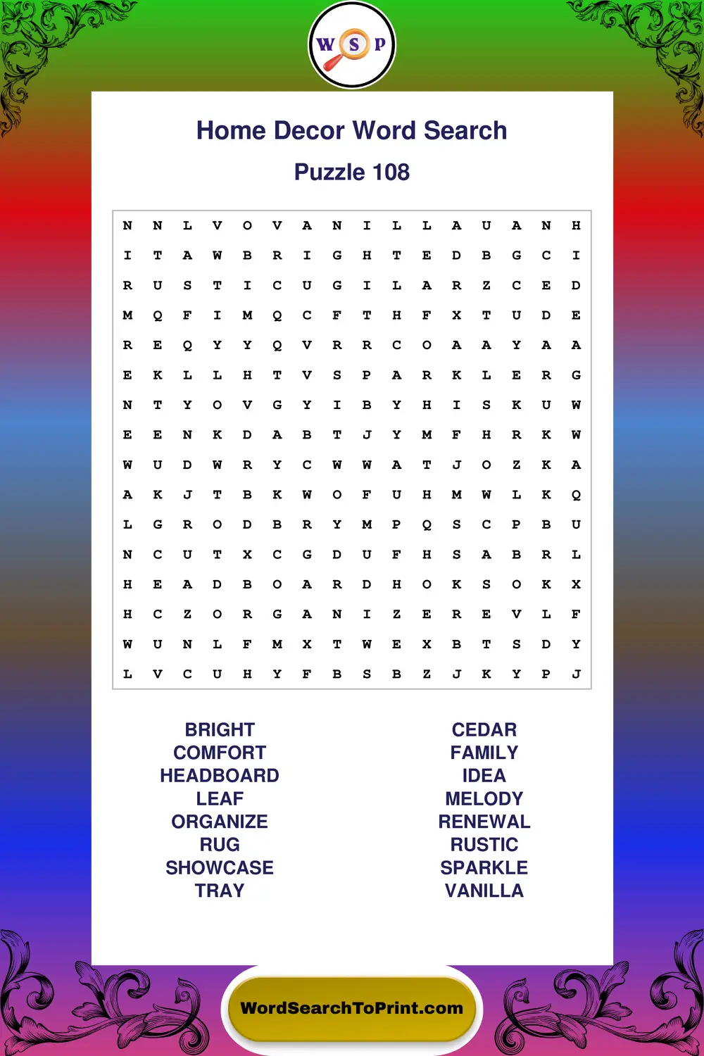 Home Decor Word Search Puzzle 108