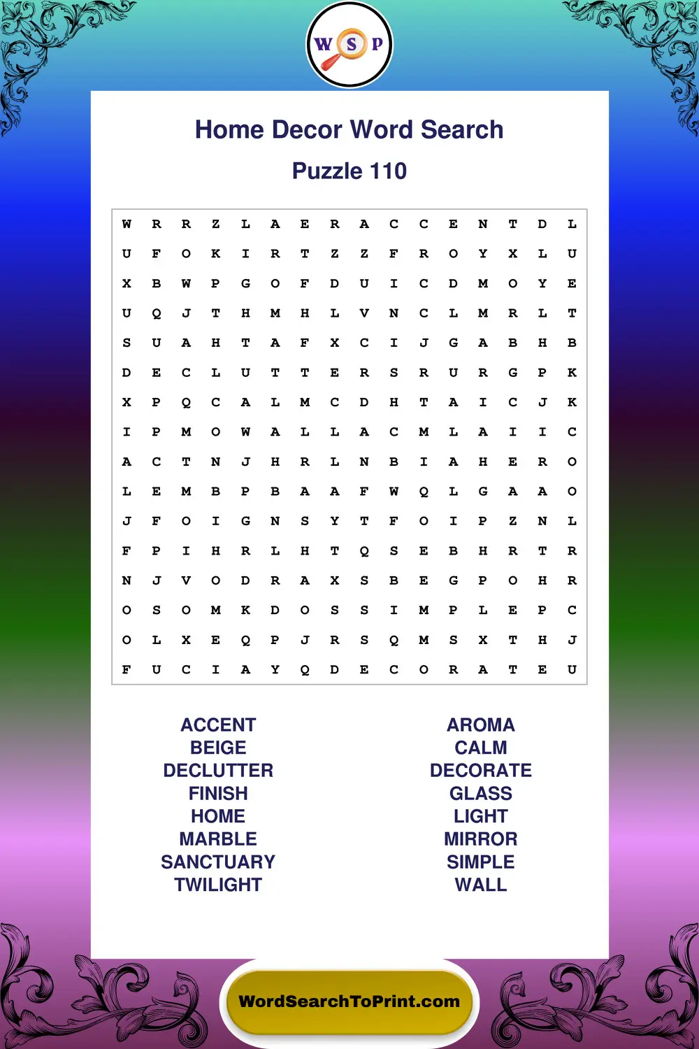 Home Decor Word Search Puzzle 110