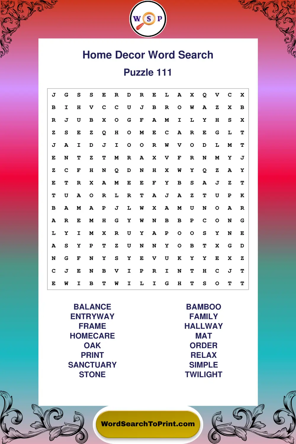 Home Decor Word Search Puzzle 111