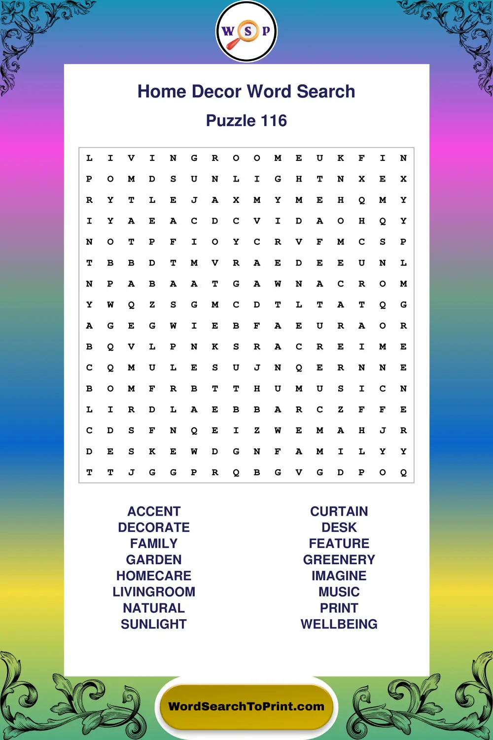Home Decor Word Search Puzzle 116