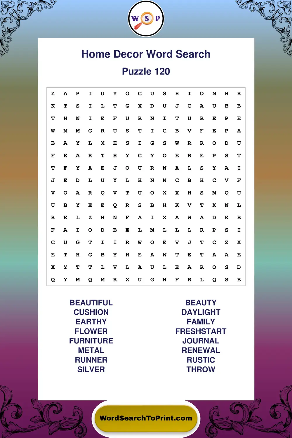 Home Decor Word Search Puzzle 120