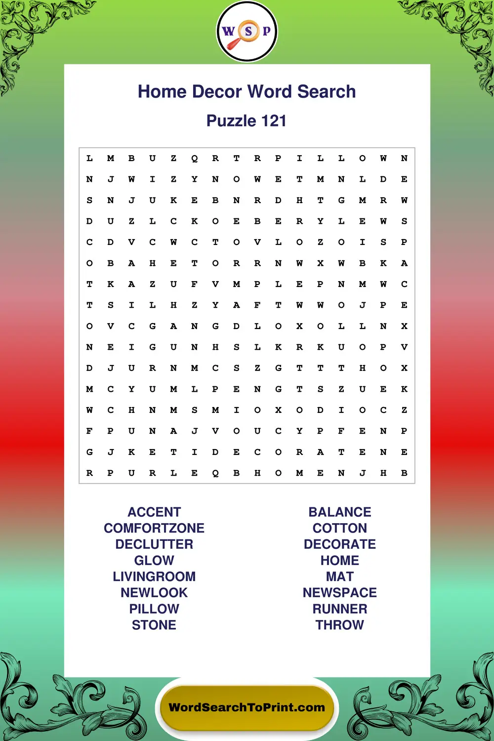 Home Decor Word Search Puzzle 121