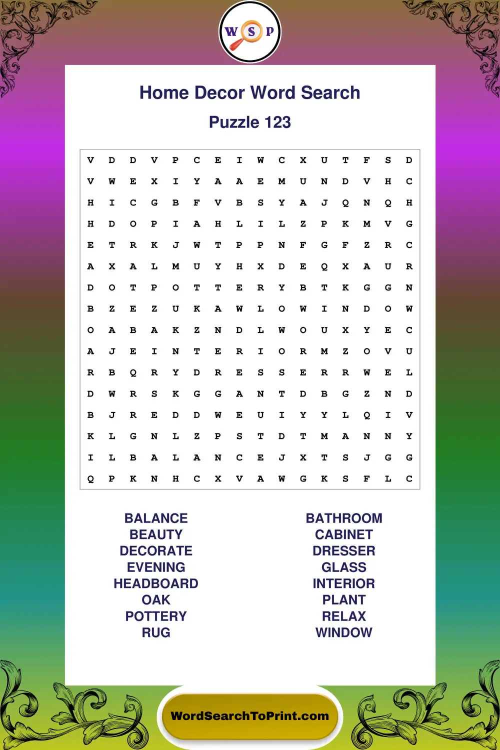 Home Decor Word Search Puzzle 123