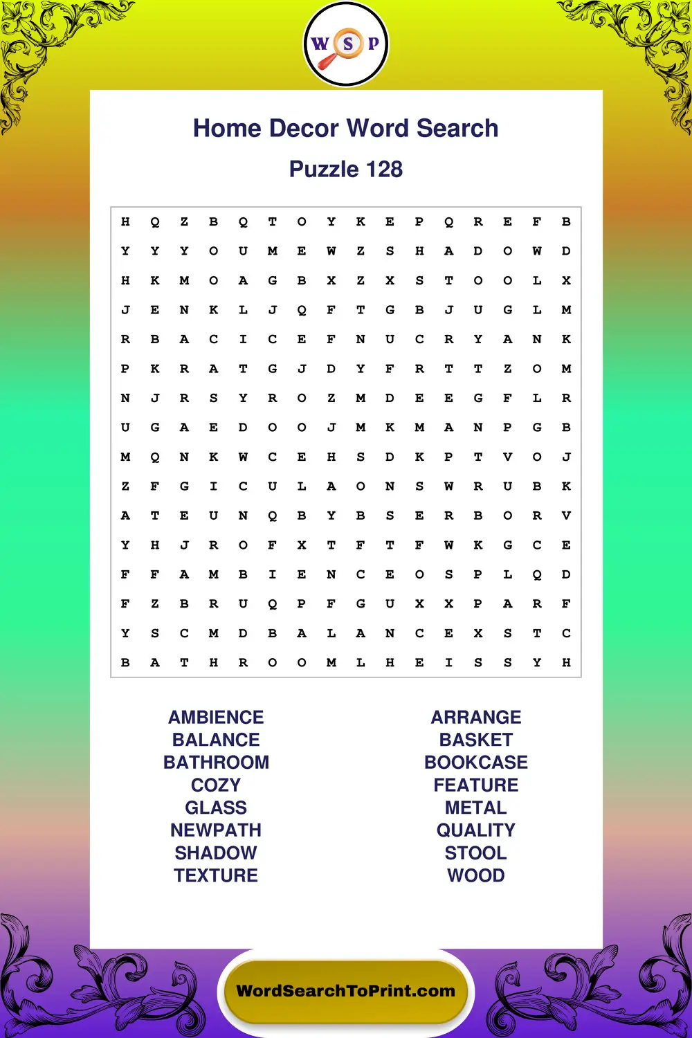 Home Decor Word Search Puzzle 128