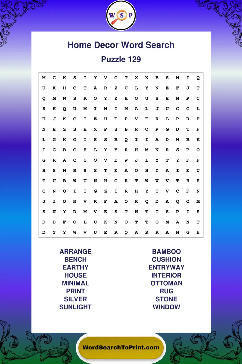 Home Decor Word Search Puzzle 129