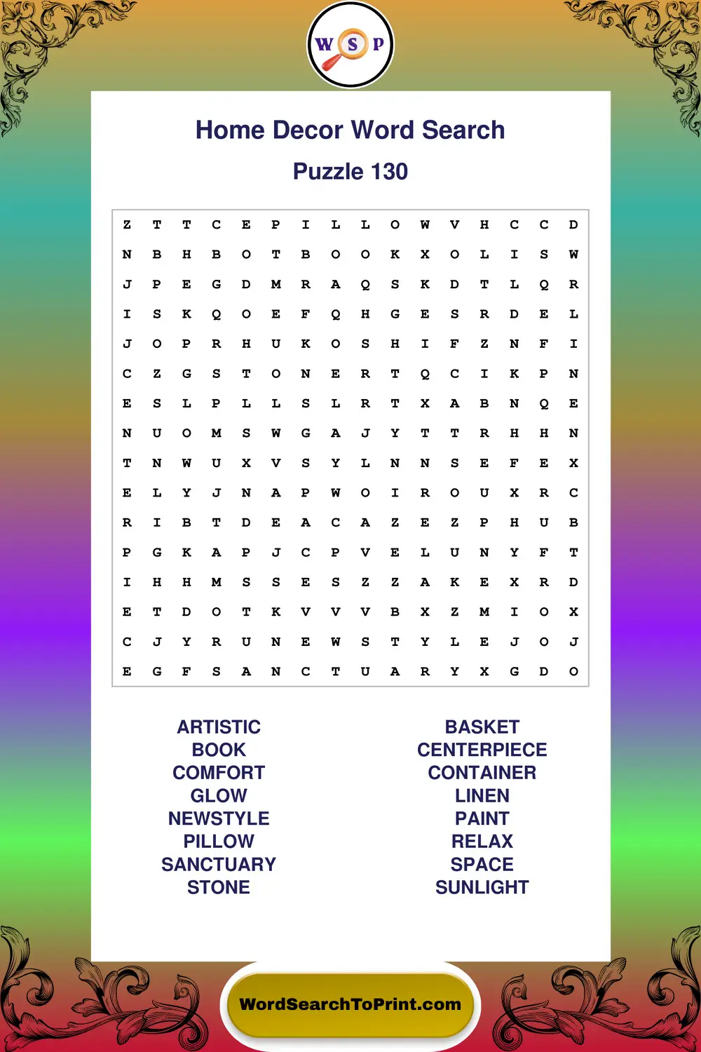 Home Decor Word Search Puzzle 130
