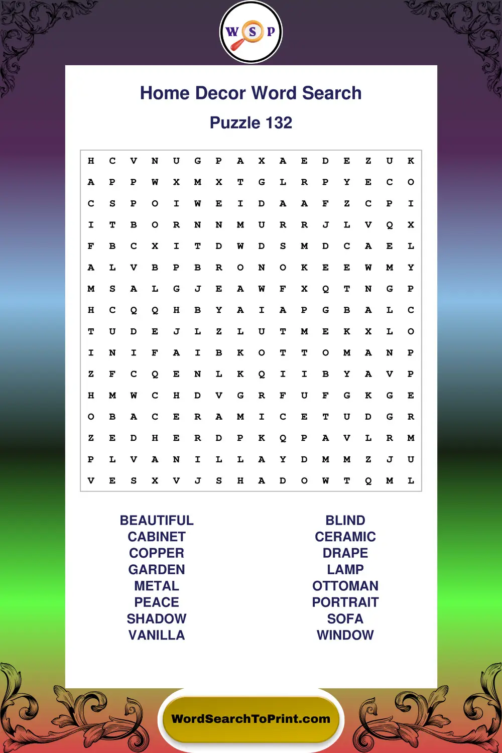 Home Decor Word Search Puzzle 132