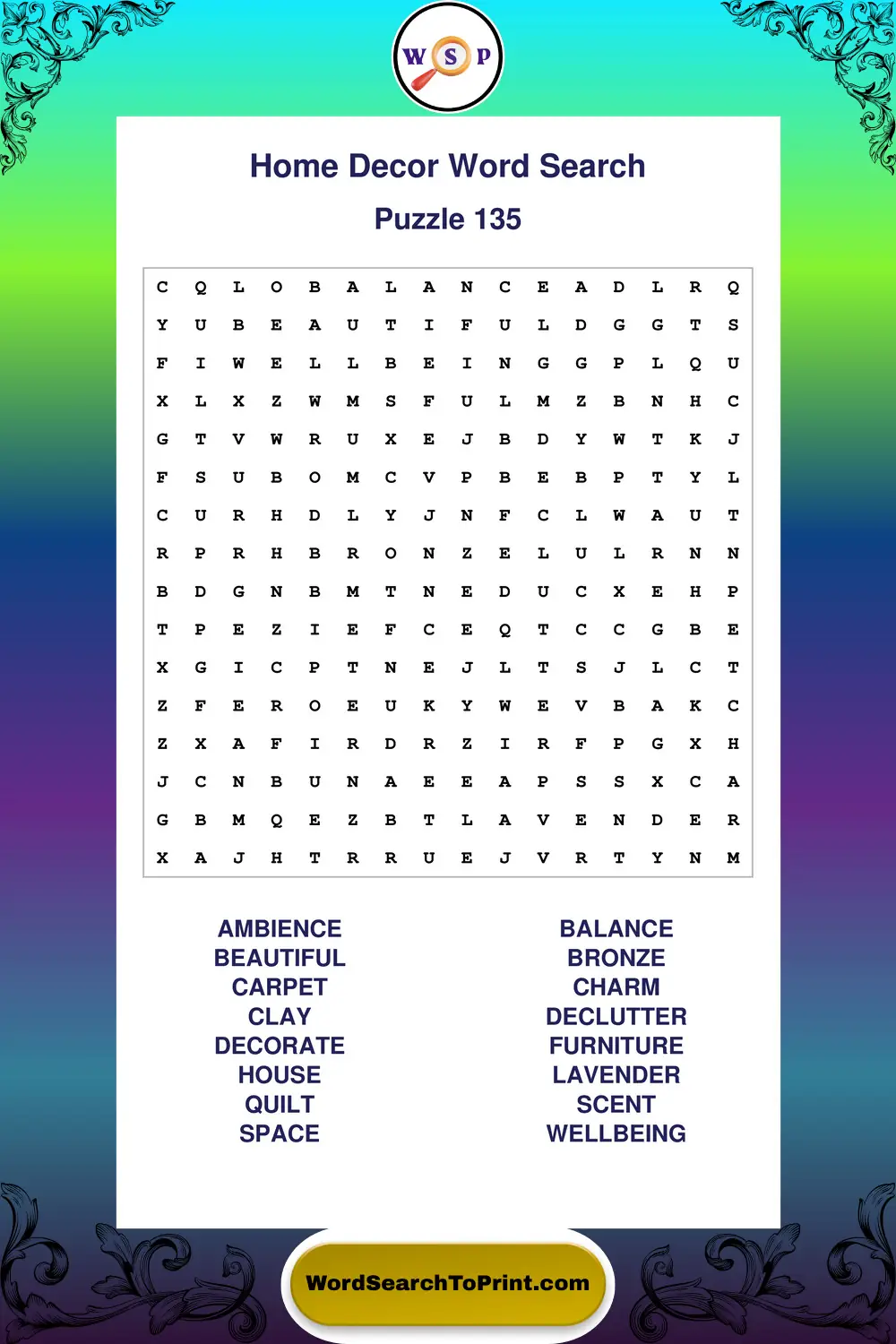 Home Decor Word Search Puzzle 135