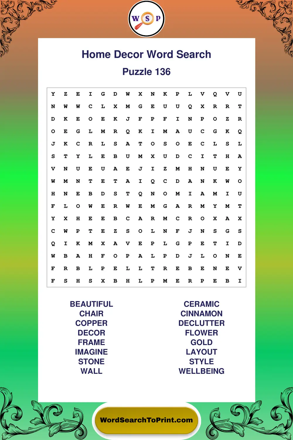 Home Decor Word Search Puzzle 136