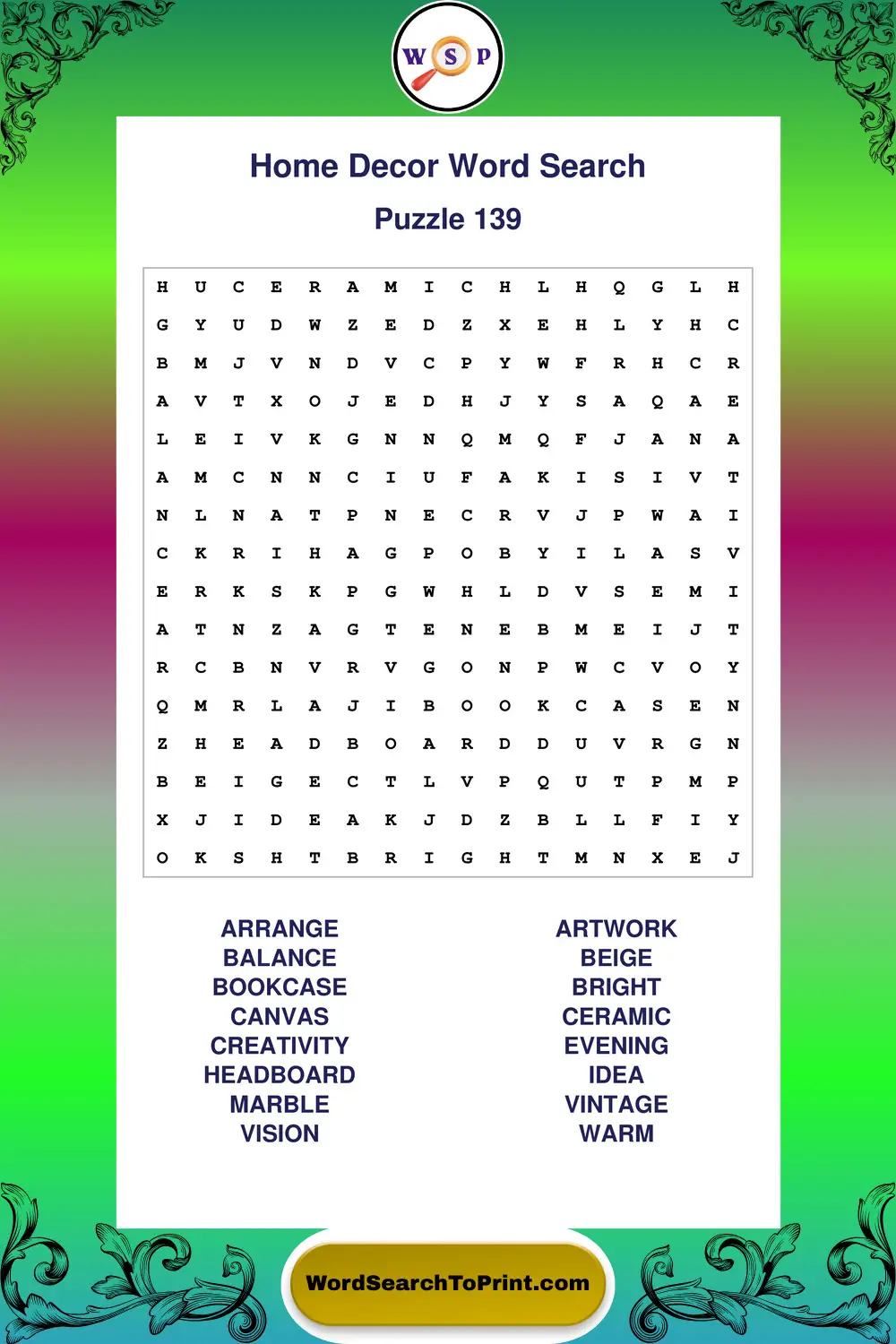 Home Decor Word Search Puzzle 139