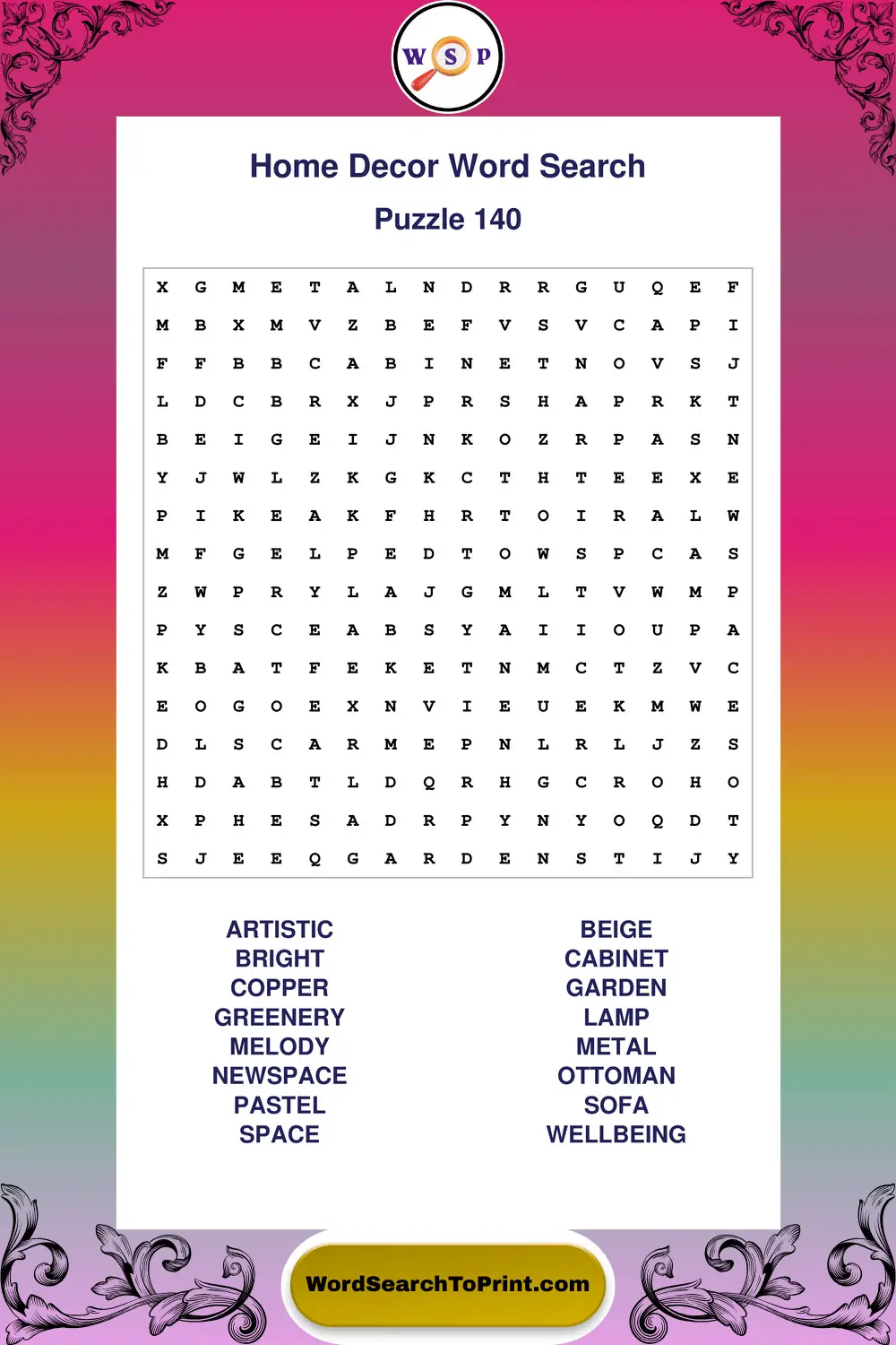 Home Decor Word Search Puzzle 140