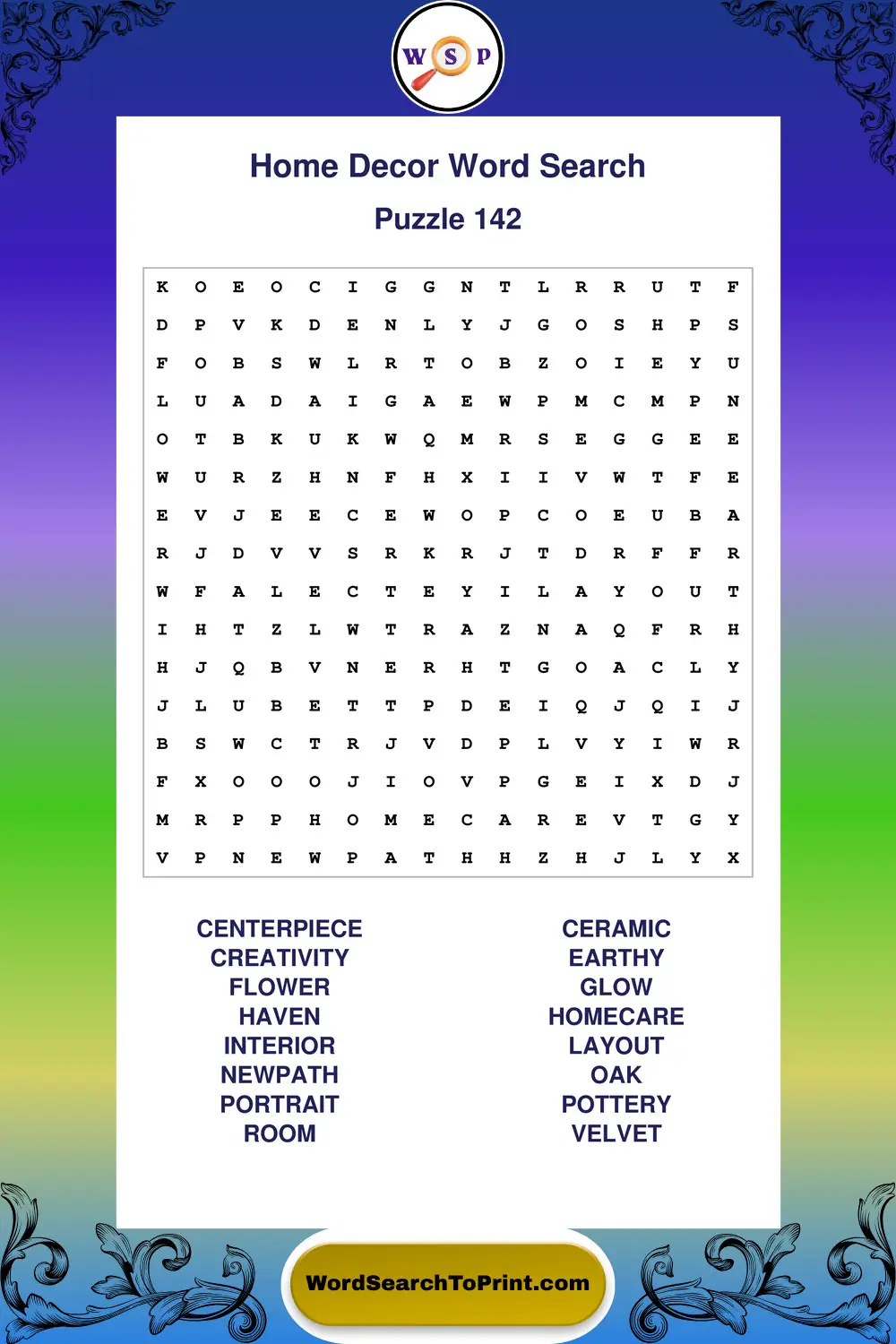 Home Decor Word Search Puzzle 142