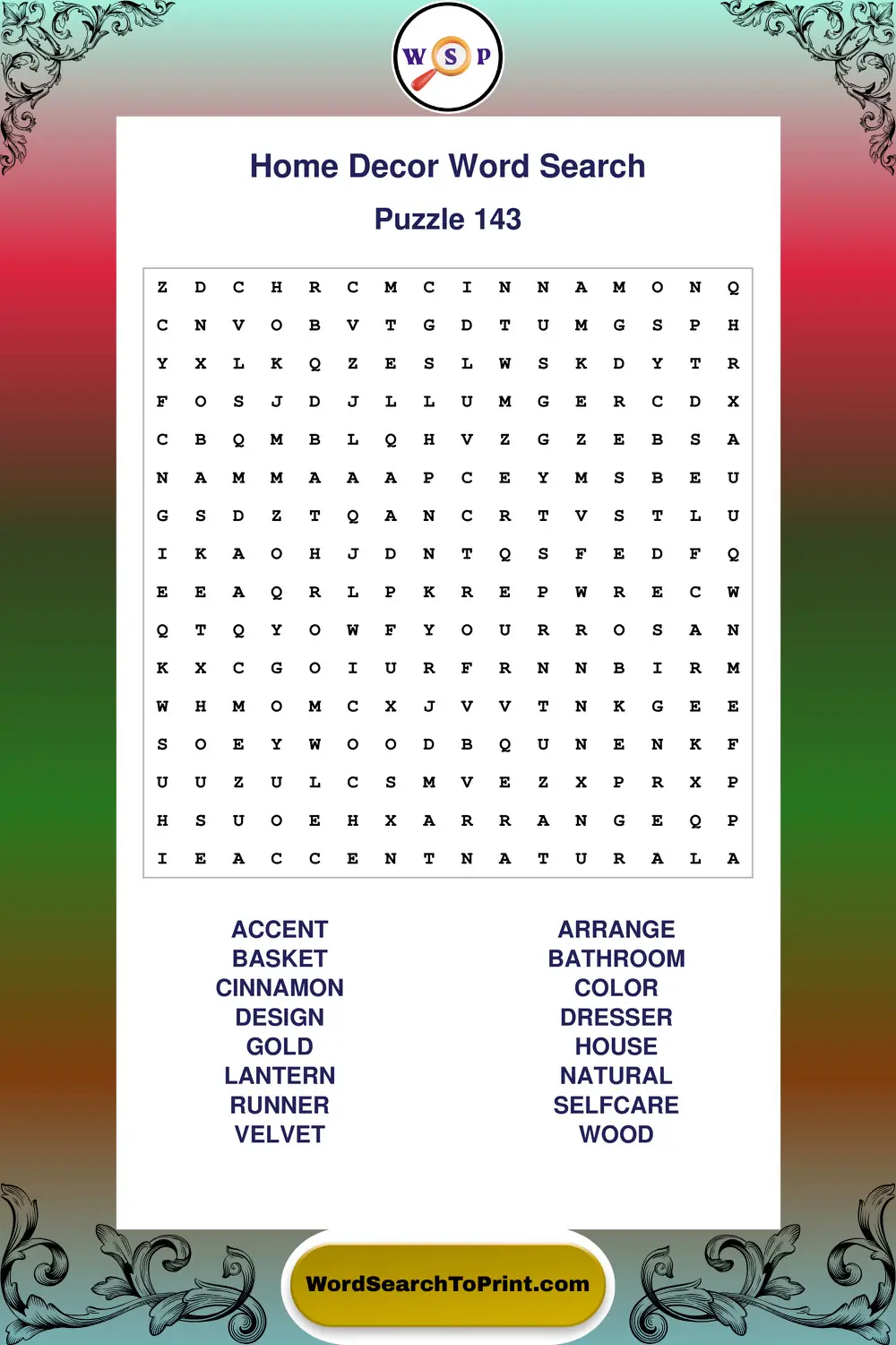 Home Decor Word Search Puzzle 143