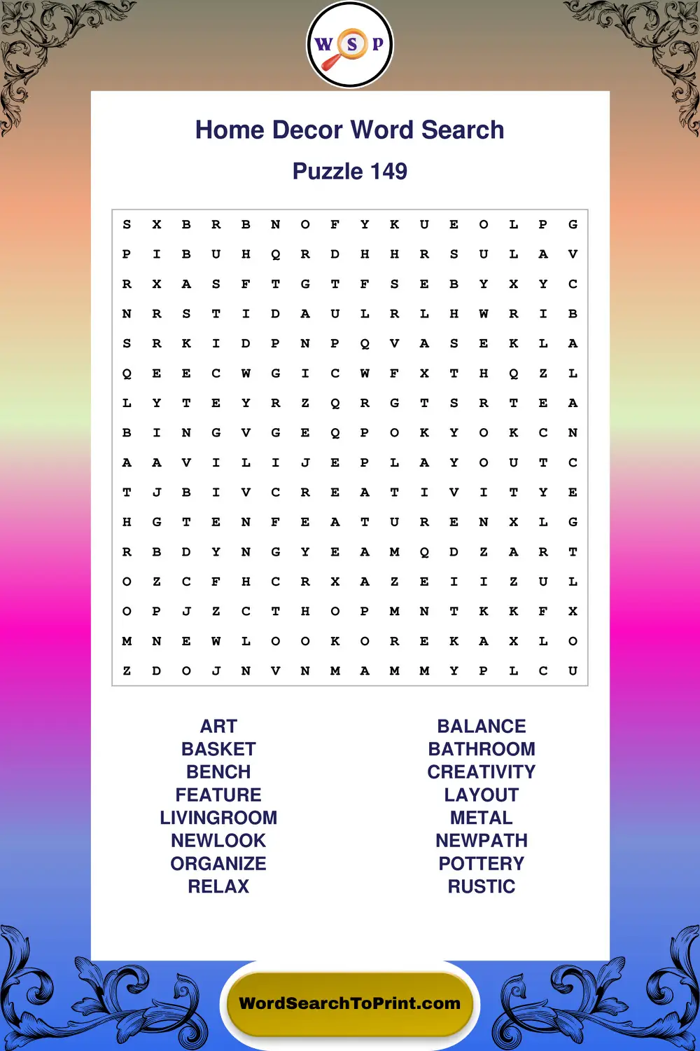 Home Decor Word Search Puzzle 149