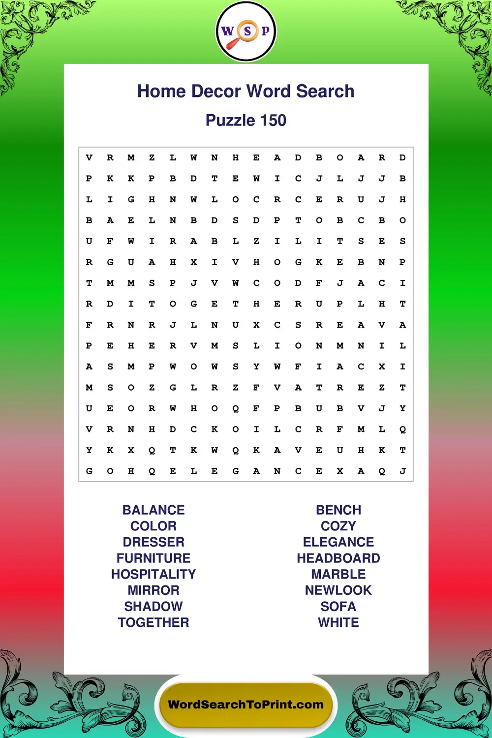 Home Decor Word Search Puzzle 150
