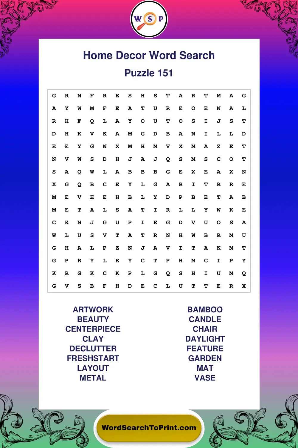 Home Decor Word Search Puzzle 151