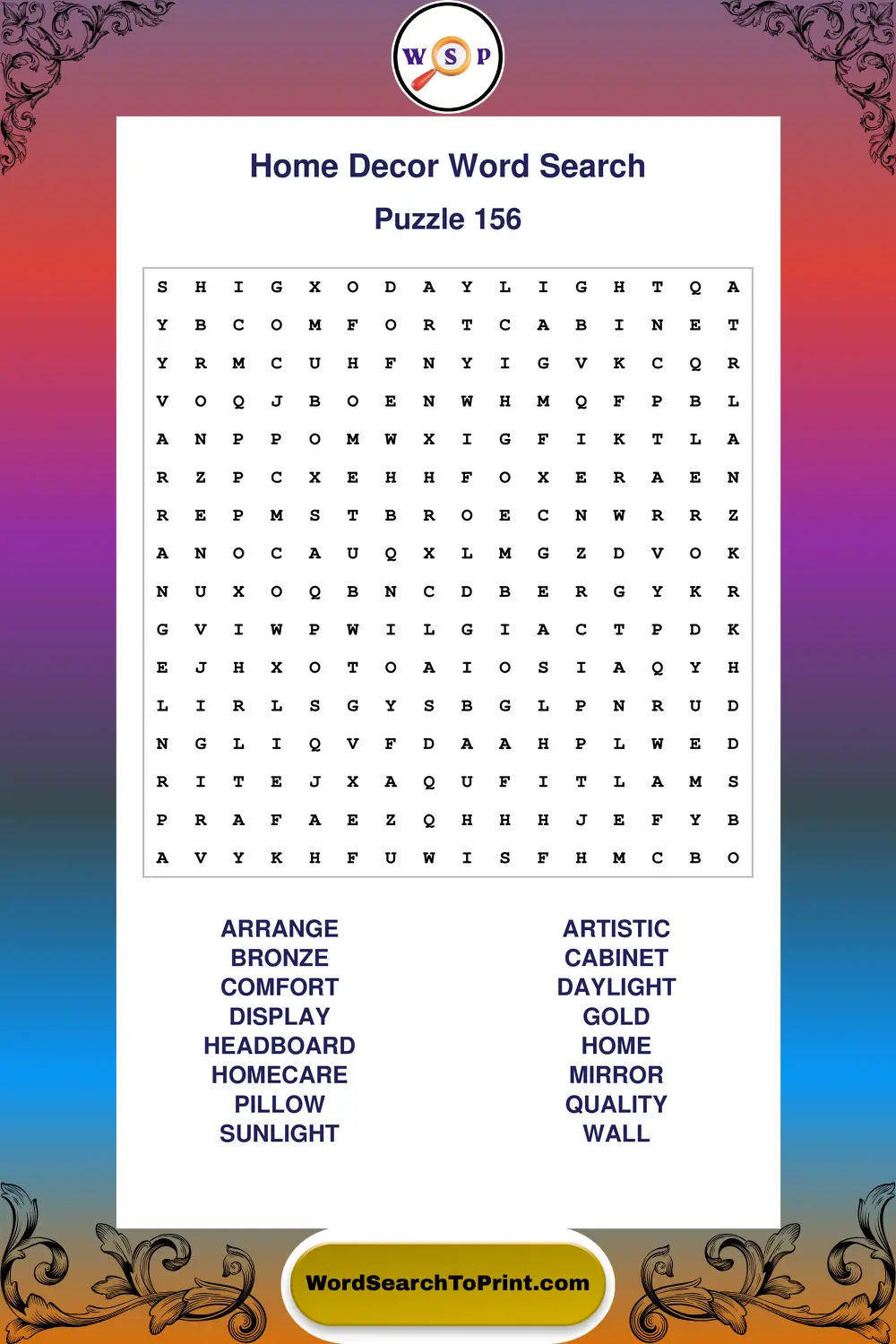 Home Decor Word Search Puzzle 156