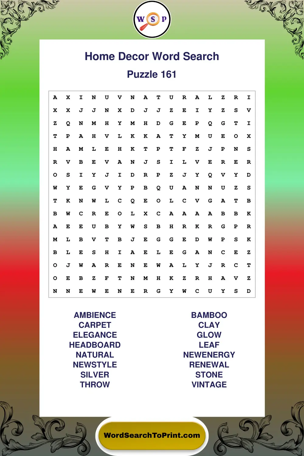 Home Decor Word Search Puzzle 161