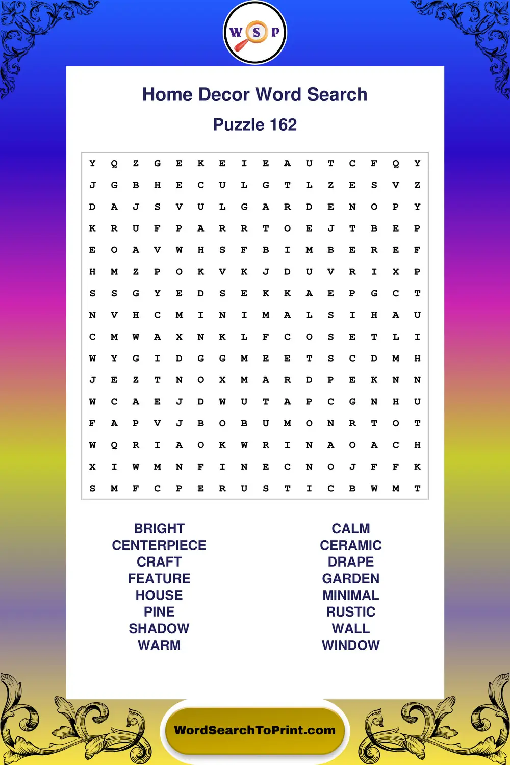 Home Decor Word Search Puzzle 162