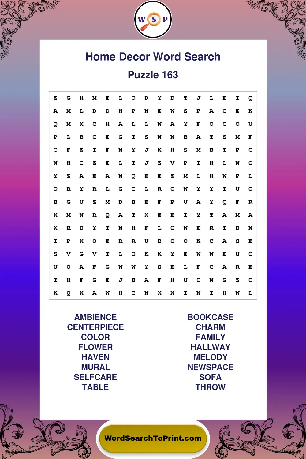 Home Decor Word Search Puzzle 163