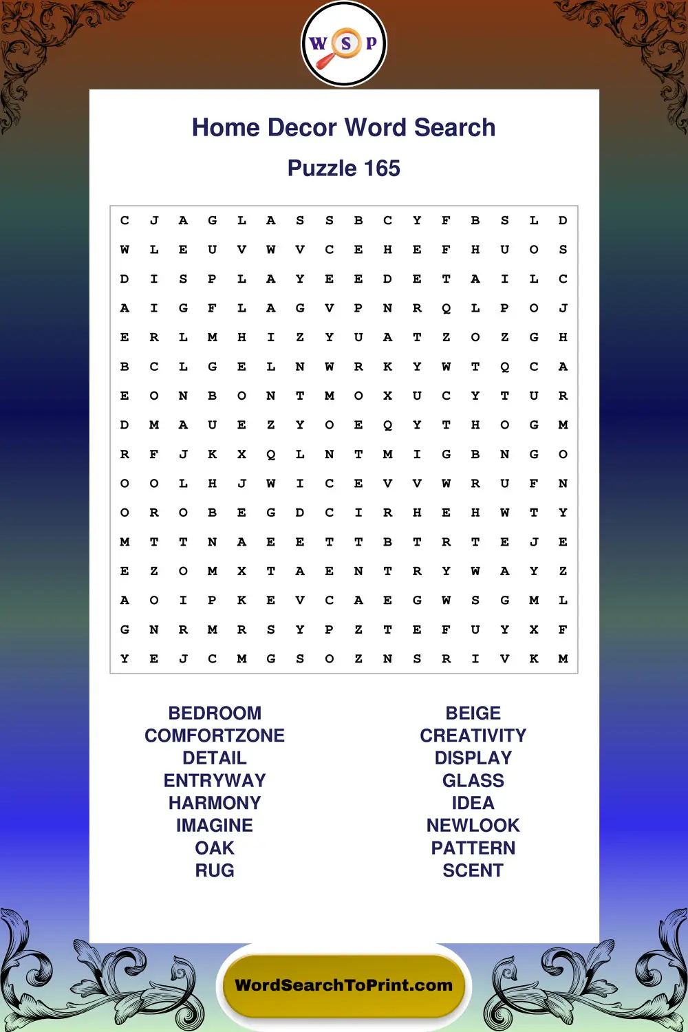 Home Decor Word Search Puzzle 165