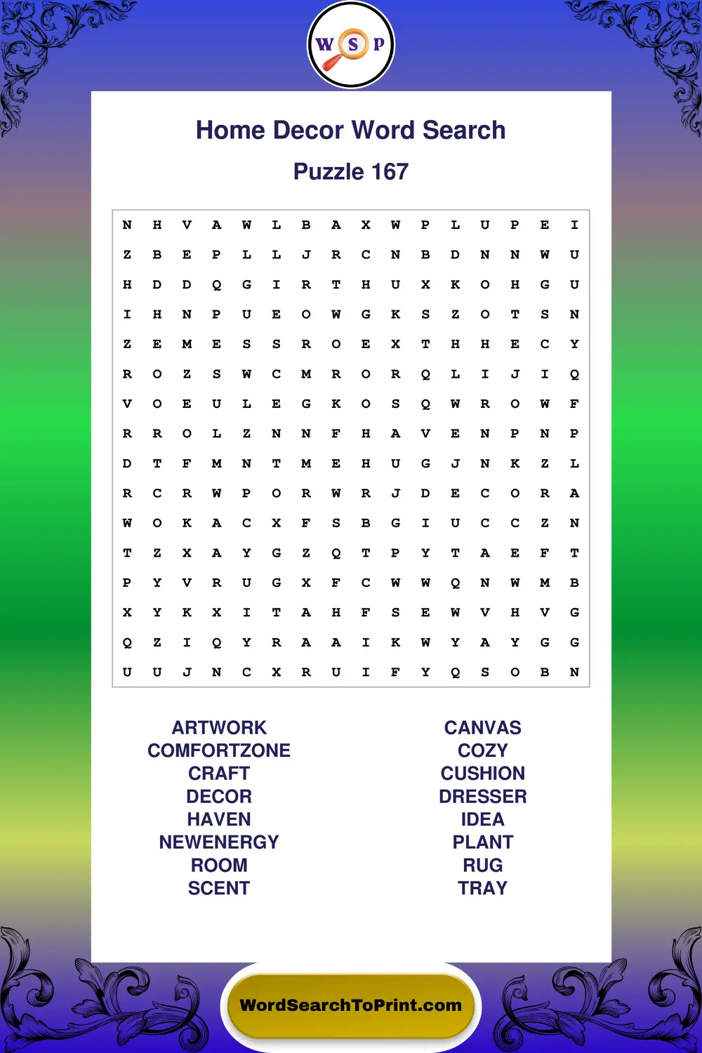 Home Decor Word Search Puzzle 167