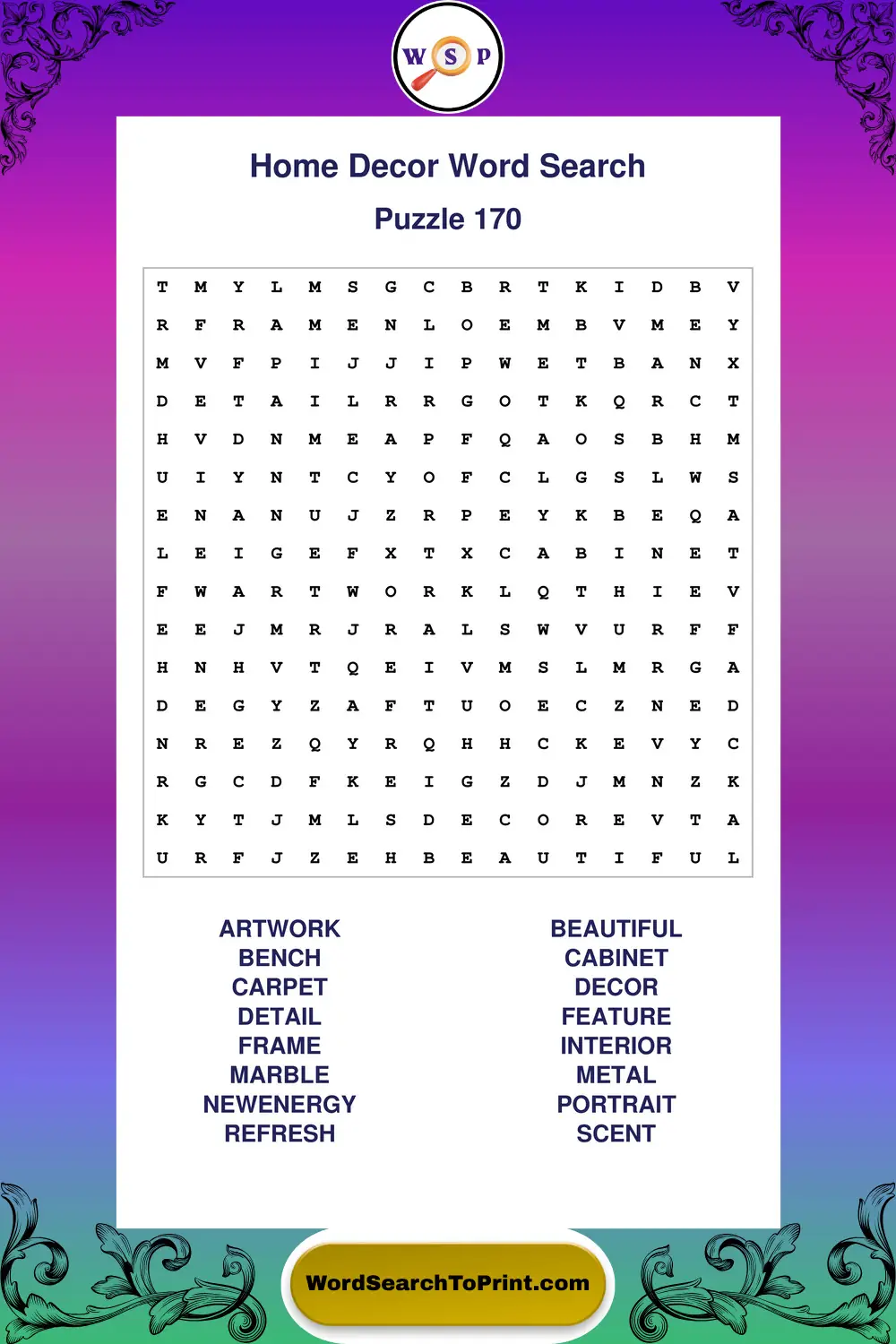 Home Decor Word Search Puzzle 170