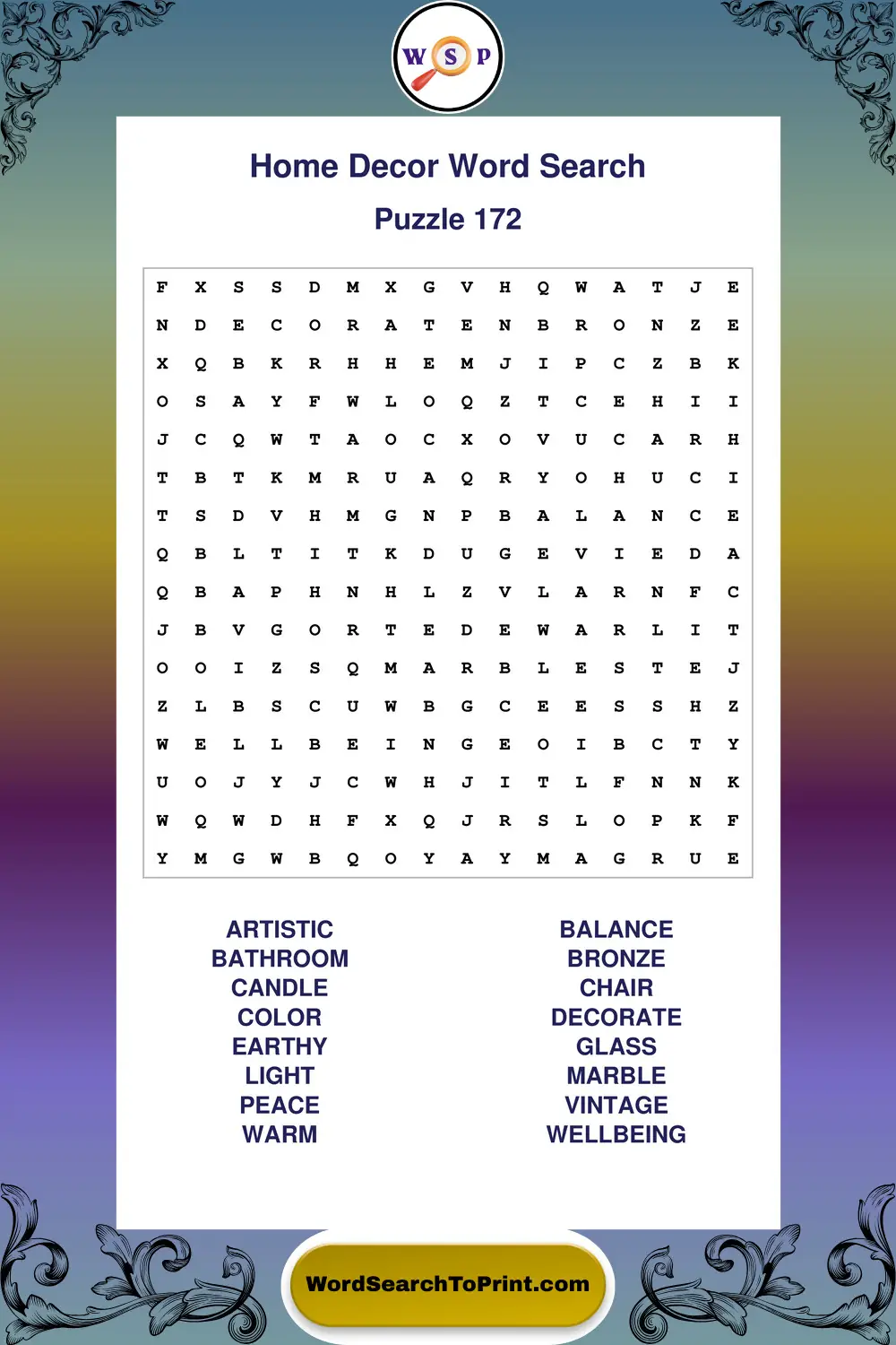 Home Decor Word Search Puzzle 172