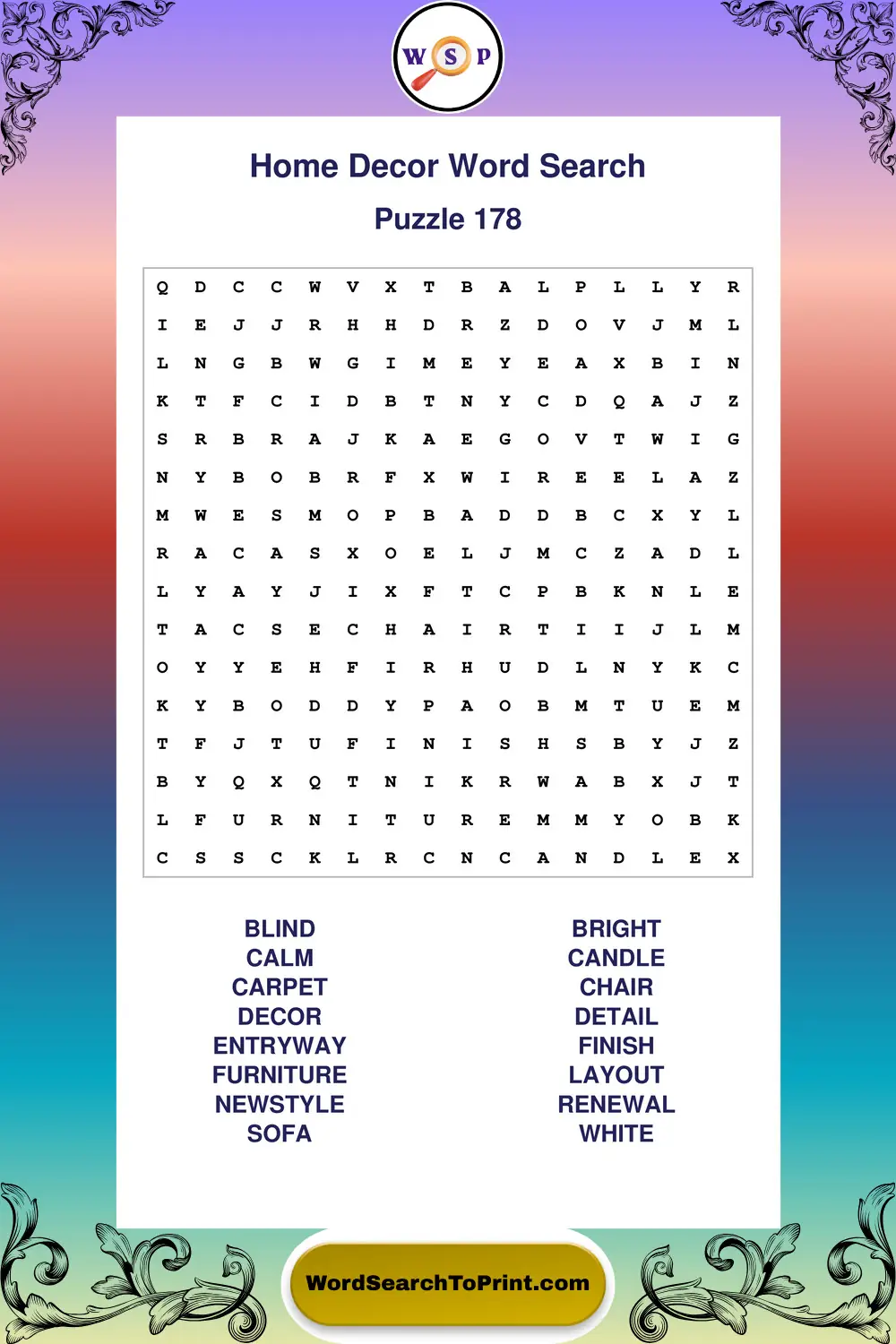 Home Decor Word Search Puzzle 178