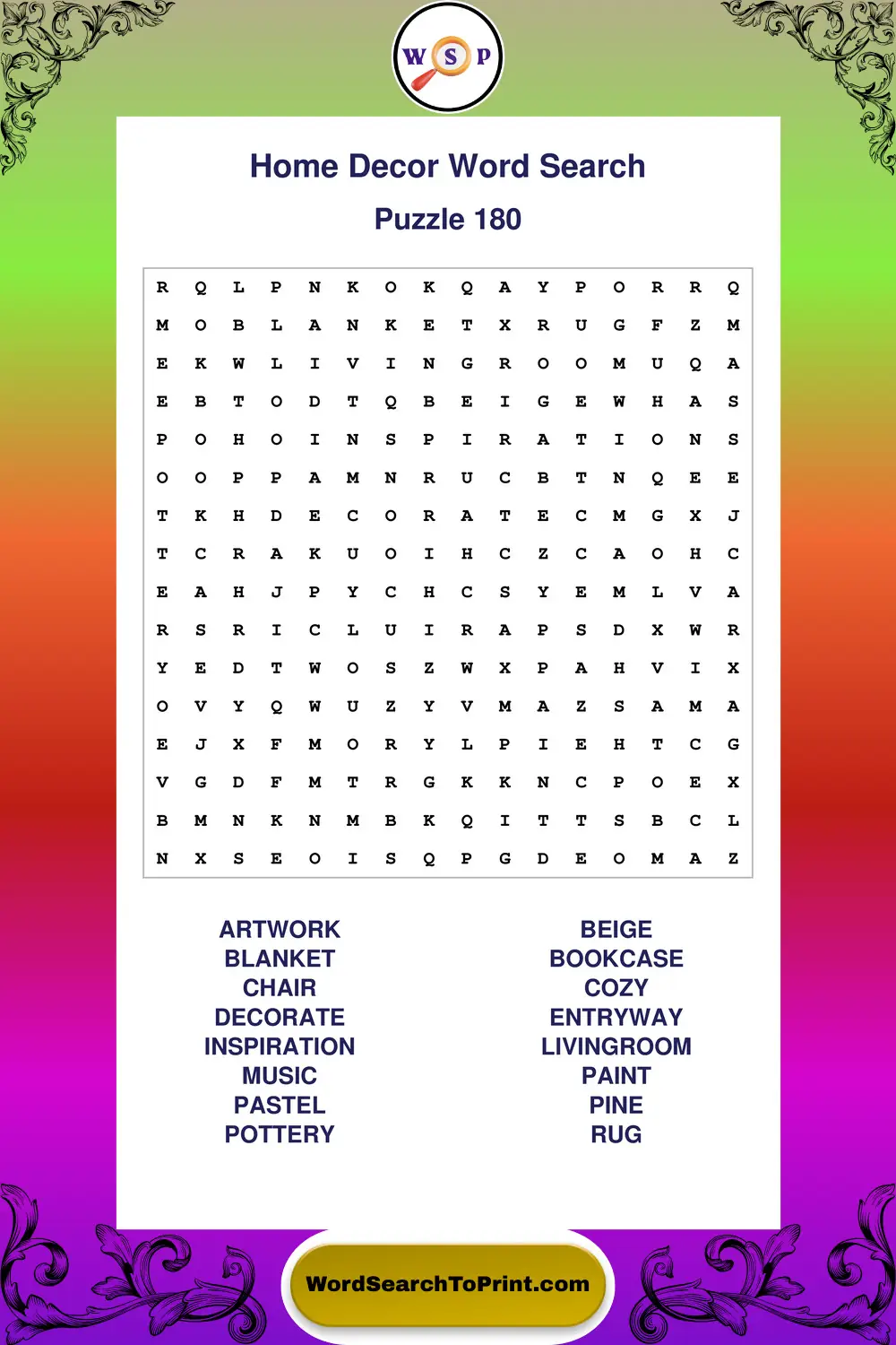 Home Decor Word Search Puzzle 180