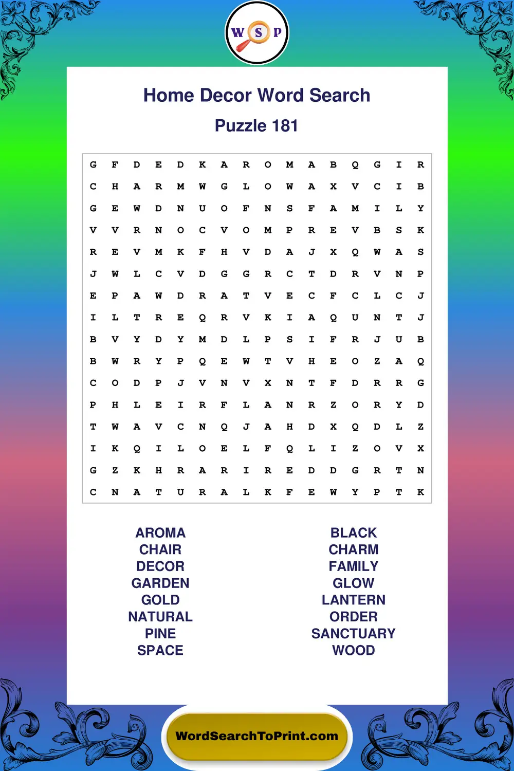 Home Decor Word Search Puzzle 181