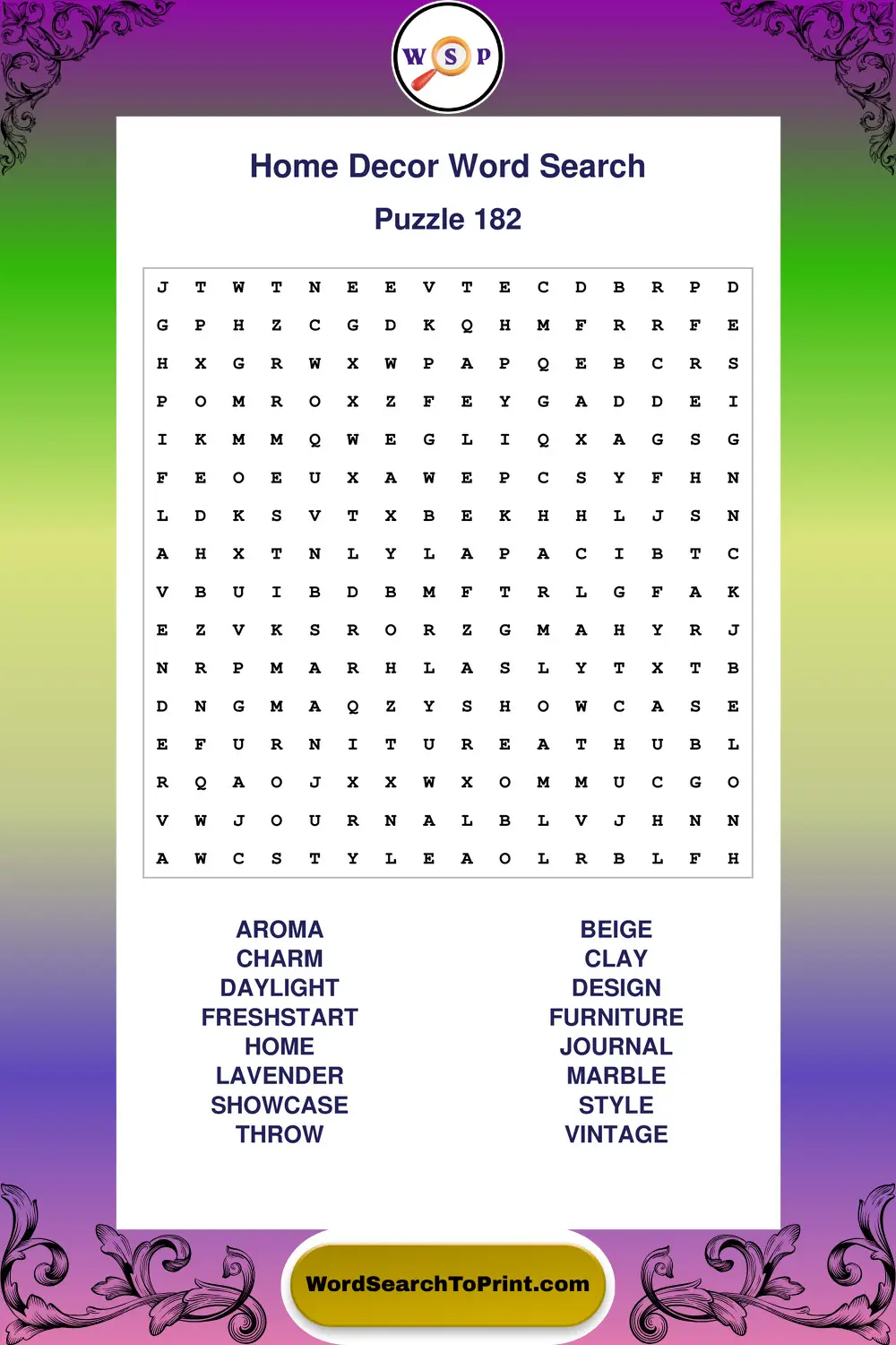 Home Decor Word Search Puzzle 182