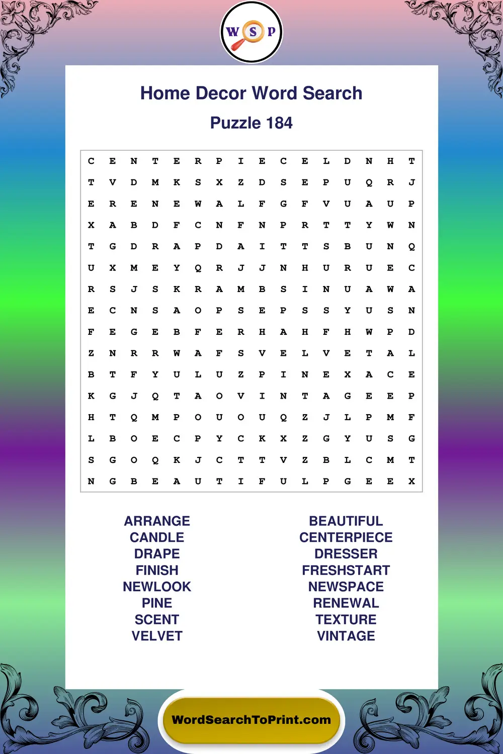 Home Decor Word Search Puzzle 184