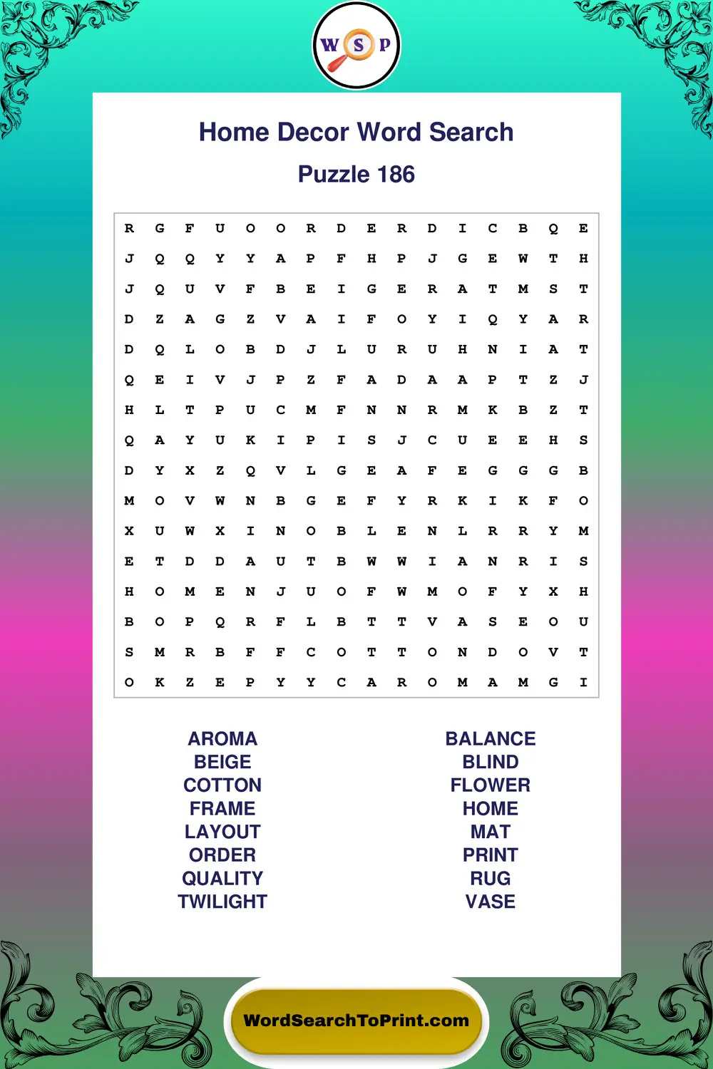 Home Decor Word Search Puzzle 186