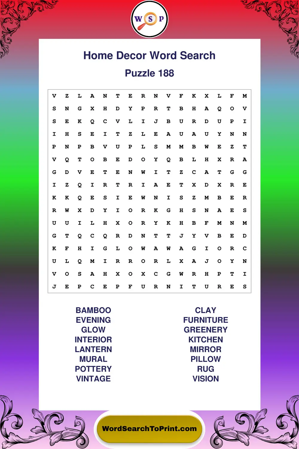 Home Decor Word Search Puzzle 188