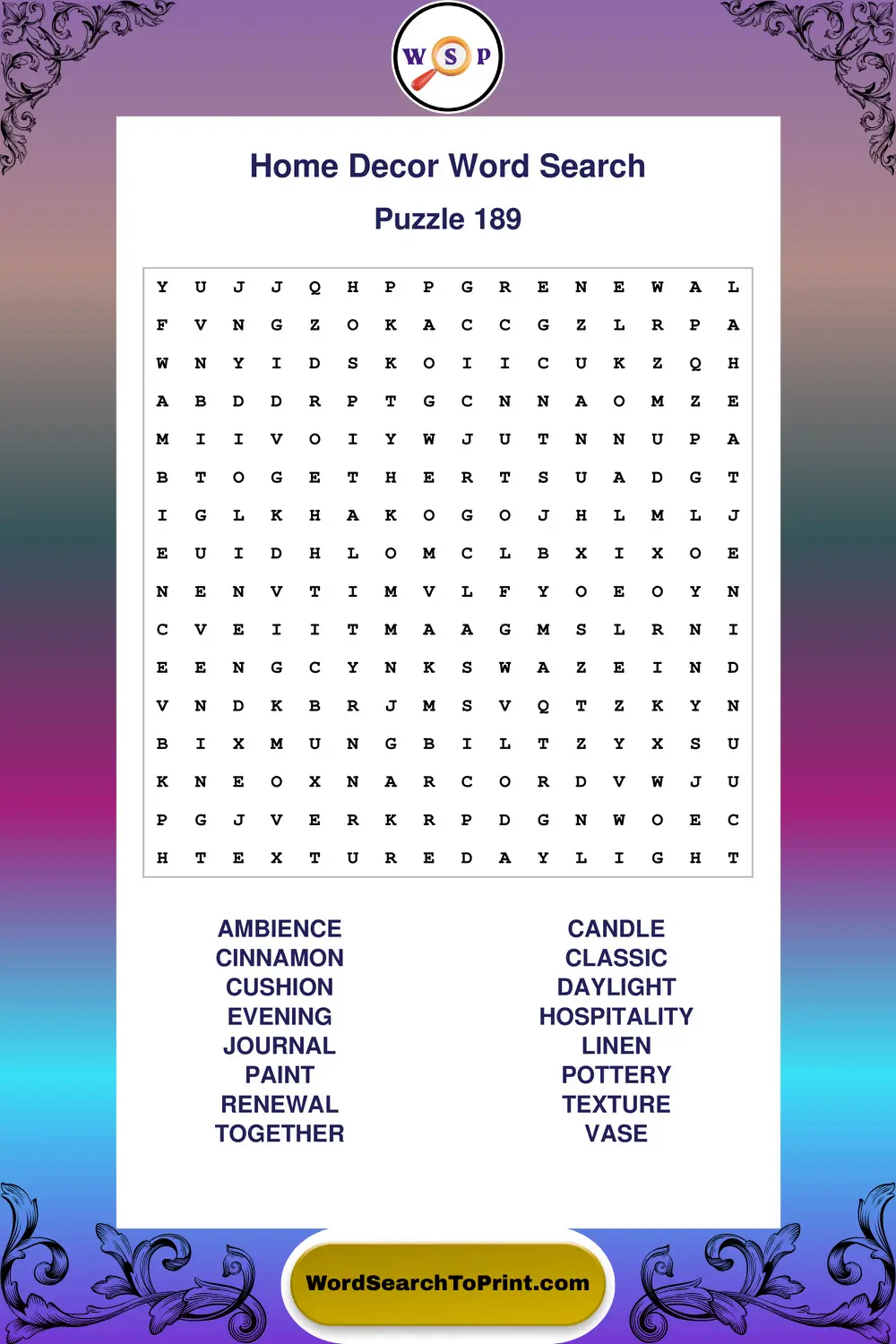 Home Decor Word Search Puzzle 189