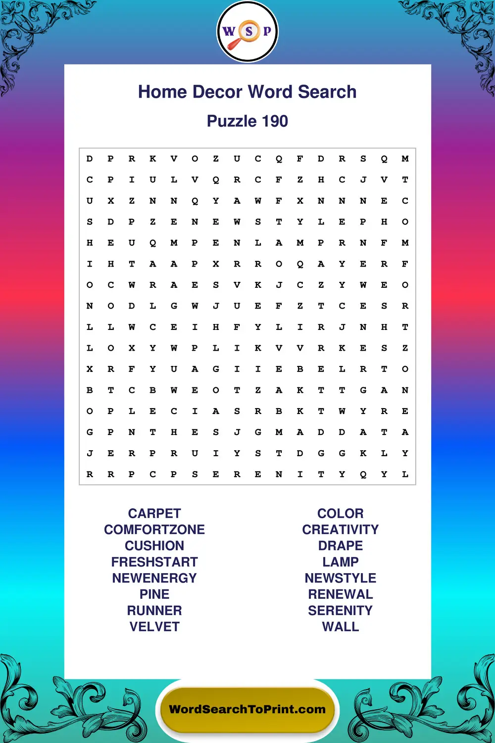 Home Decor Word Search Puzzle 190
