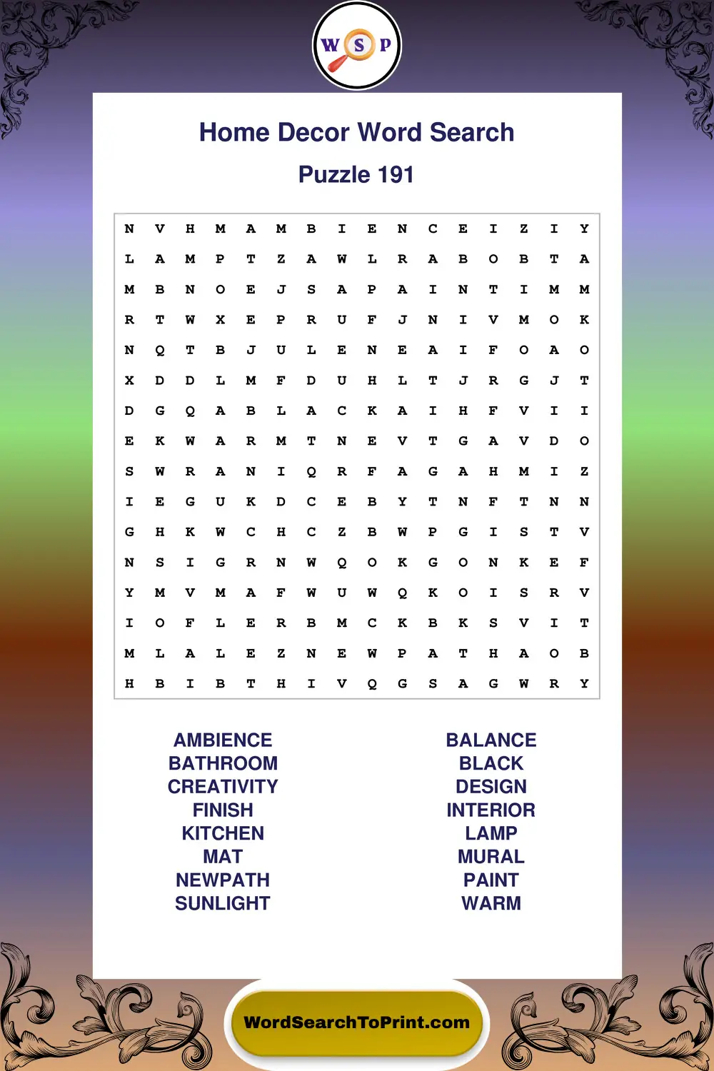 Home Decor Word Search Puzzle 191