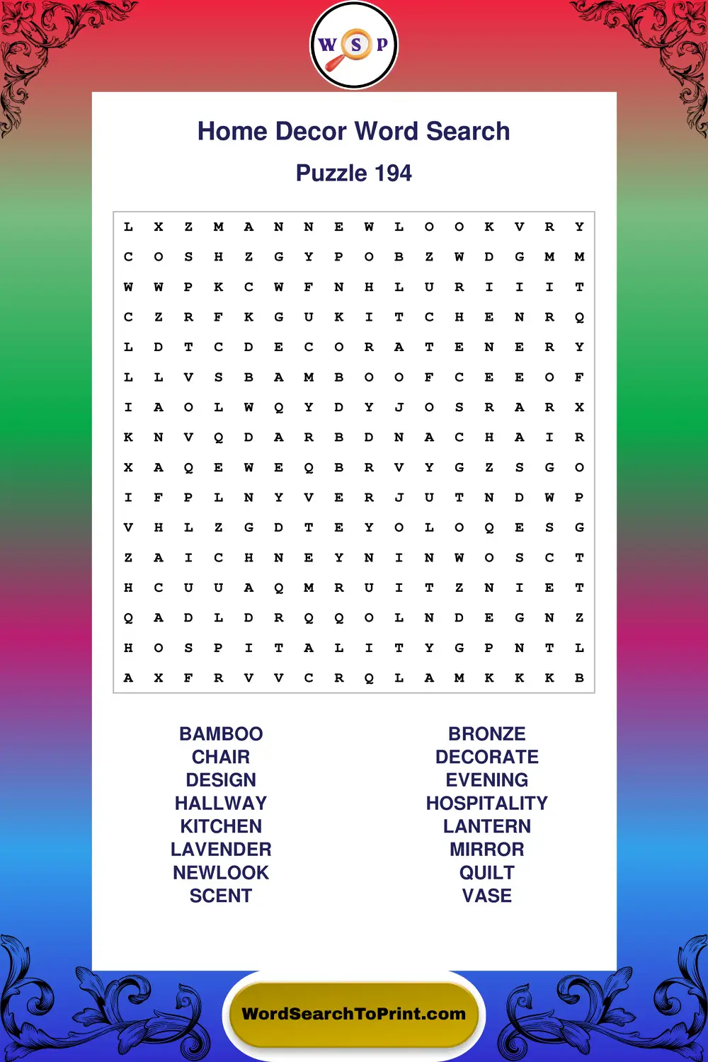 Home Decor Word Search Puzzle 194