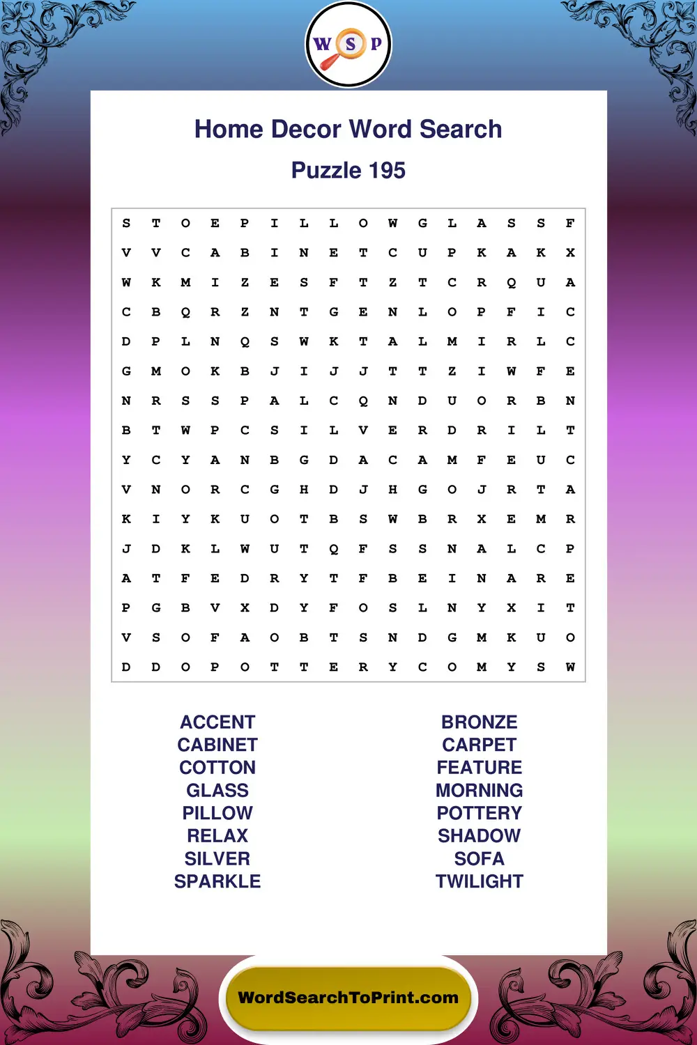 Home Decor Word Search Puzzle 195