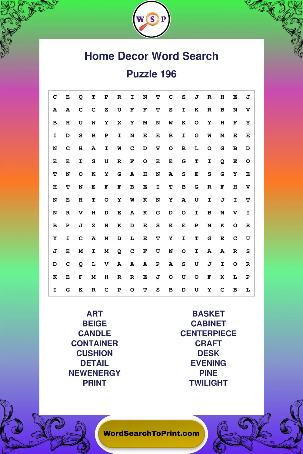 Home Decor Word Search Puzzle 196