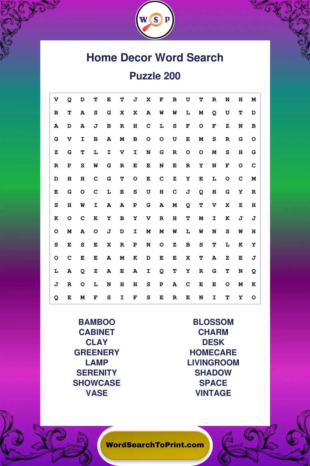 Home Decor Word Search Puzzle 200