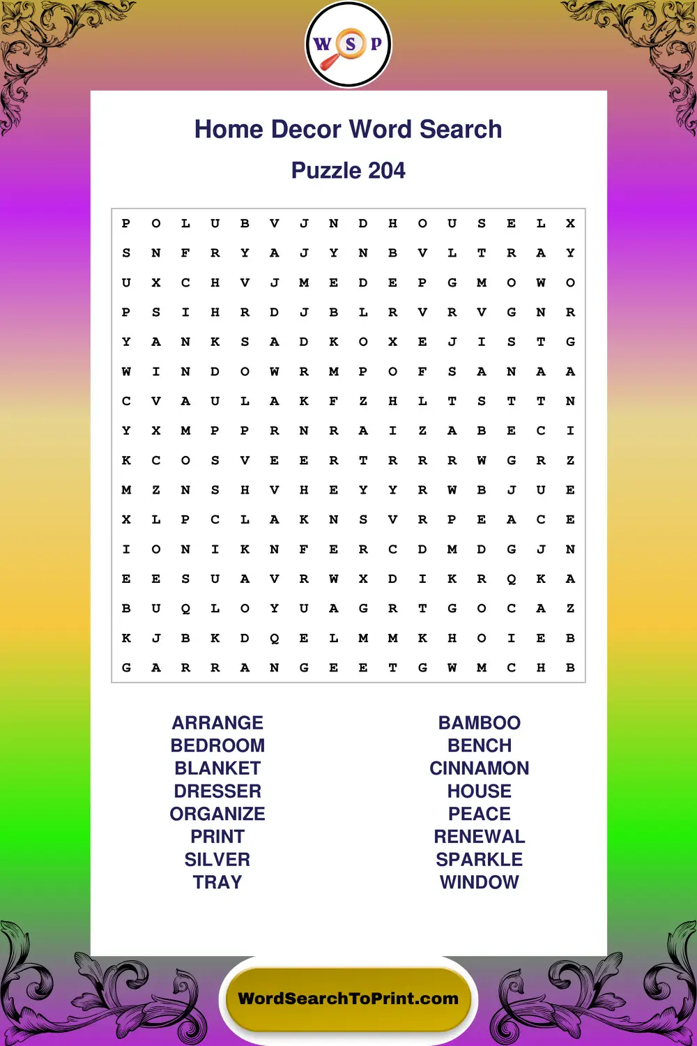 Home Decor Word Search Puzzle 204