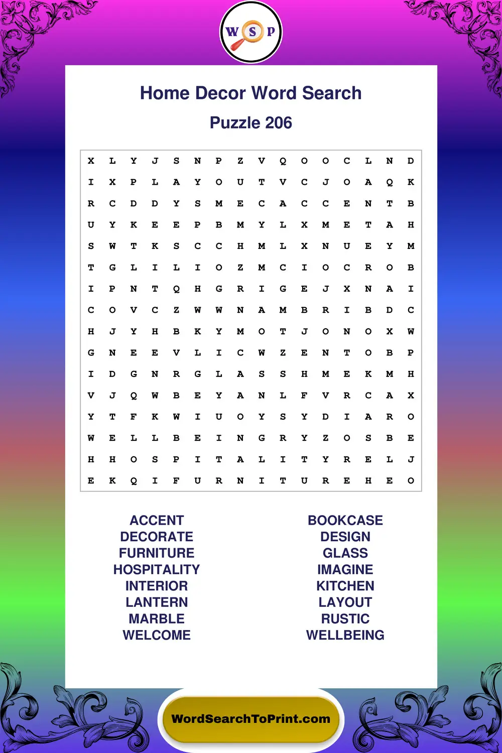 Home Decor Word Search Puzzle 206